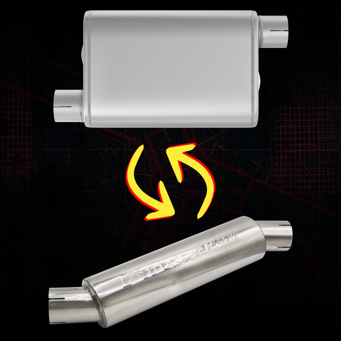 M-80 Muffler 14 Inch Body 2.5 Inch Offset Inlet/Offset Outlet 304 Stainless Pypes Performance Exhaust - TRUCKED UP - Truck Superstore