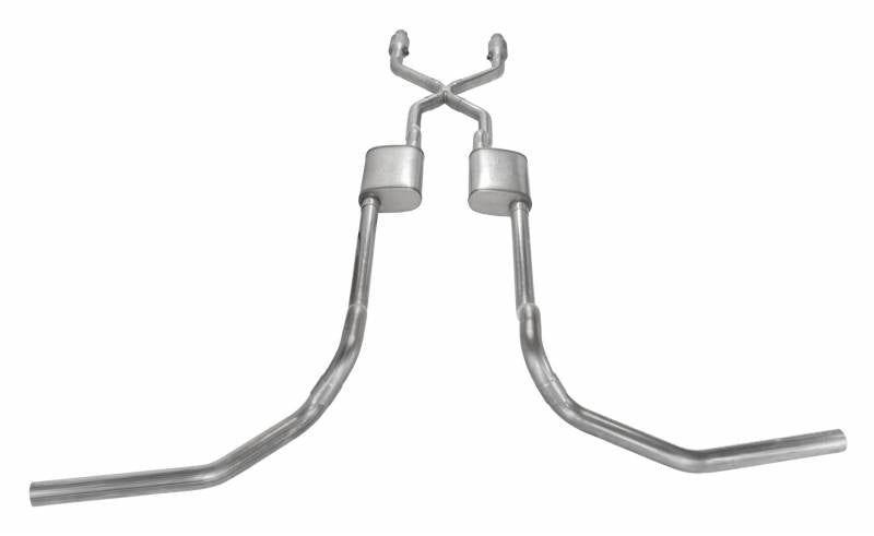 Crossmember Back w/X-Pipe Exhaust System 75-76 Ford Truck Split Rear Dual Exit 2.5 in Intermediate And Tail Pipe Hardware Incl Muffler And Tip Not Incl Catalytic Converter Incl Pypes Exhaust - TRUCKED UP - Truck Superstore