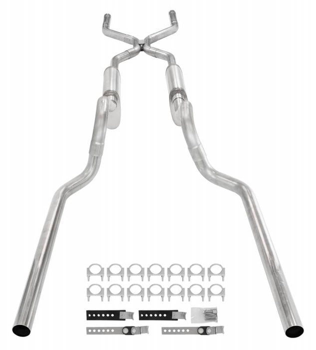 Crossmember Back W/ H-Pipe Exhaust System 63-66 GM Truck Split Rear Dual Exit 2.5 Inch Intermediate And Tailpipe Hardware Incl Race Pro Muffler Incl And Tip Not Incl Stainless Steel Pypes Exhaust - TRUCKED UP - Truck Superstore