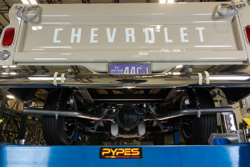 Crossmember Back W/ X-Pipe Exhaust System 63-66 GM Truck Split Side Dual Exit 2.5 Inch Intermediate And Tailpipe Hardware Incl Turbo Pro Muffler Incl And Tip Not Incl Stainless Steel Pypes Exhaust - TRUCKED UP - Truck Superstore