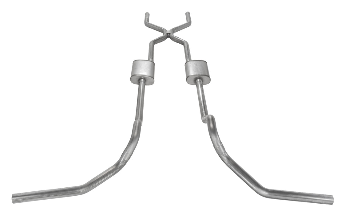 Crossmember Back w/H-Pipe Exhaust System 67-74 GM Split Rear Dual Exit 2.5 in Intermediate And Tail Pipe Race Pro Muffler/Hdw Incl Tip Not Incl Natural Finish 409 Stainless Steel Pypes Exhaust - TRUCKED UP - Truck Superstore